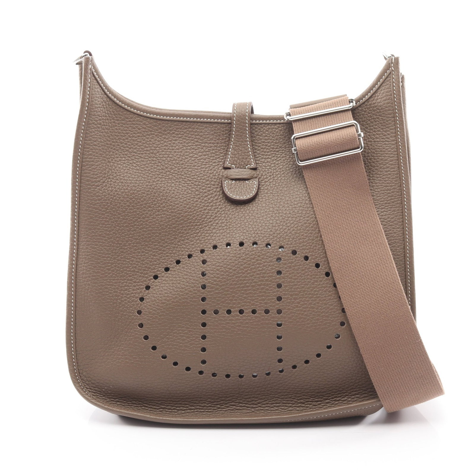 Hermes Evelyne 3 PM Etoupe: Etoupe Clemence leather shoulder bag with silver-tone hardware.