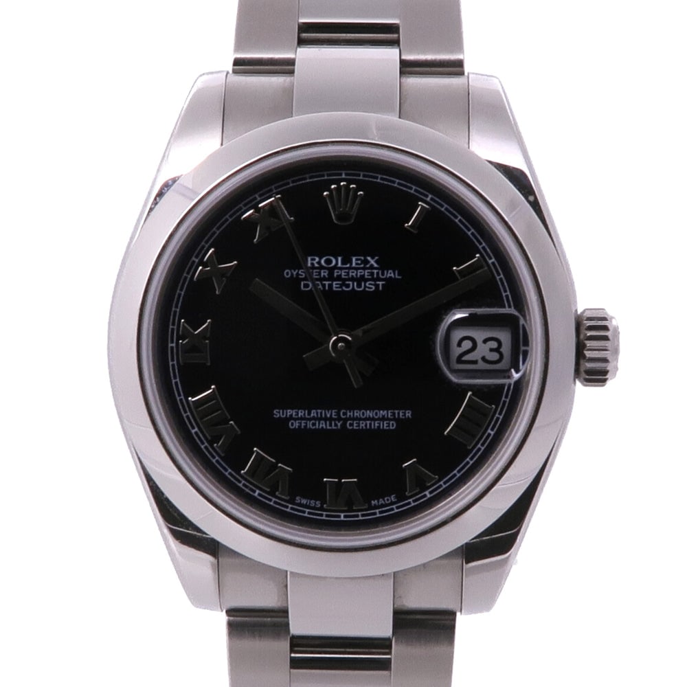 Rolex Datejust 178240 Automatic: Black automatic watch in stainless steel. Includes storage box, guarantee, and case. 31mm case, max wrist 18cm.