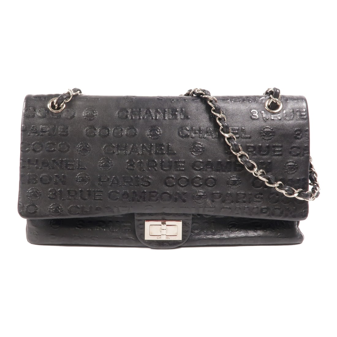 Chanel 2.55 Coco Flap Chain: Black calfskin chain shoulder bag.