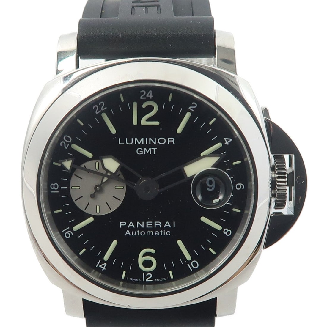 Panerai Luminor GMT PAM00088 Auto: Automatic Luminor GMT PAM00088 in stainless steel with rubber belt and black dial. Case 44mm, wrist 14-19cm, band 23mm. Includes storage box and guarantee.
