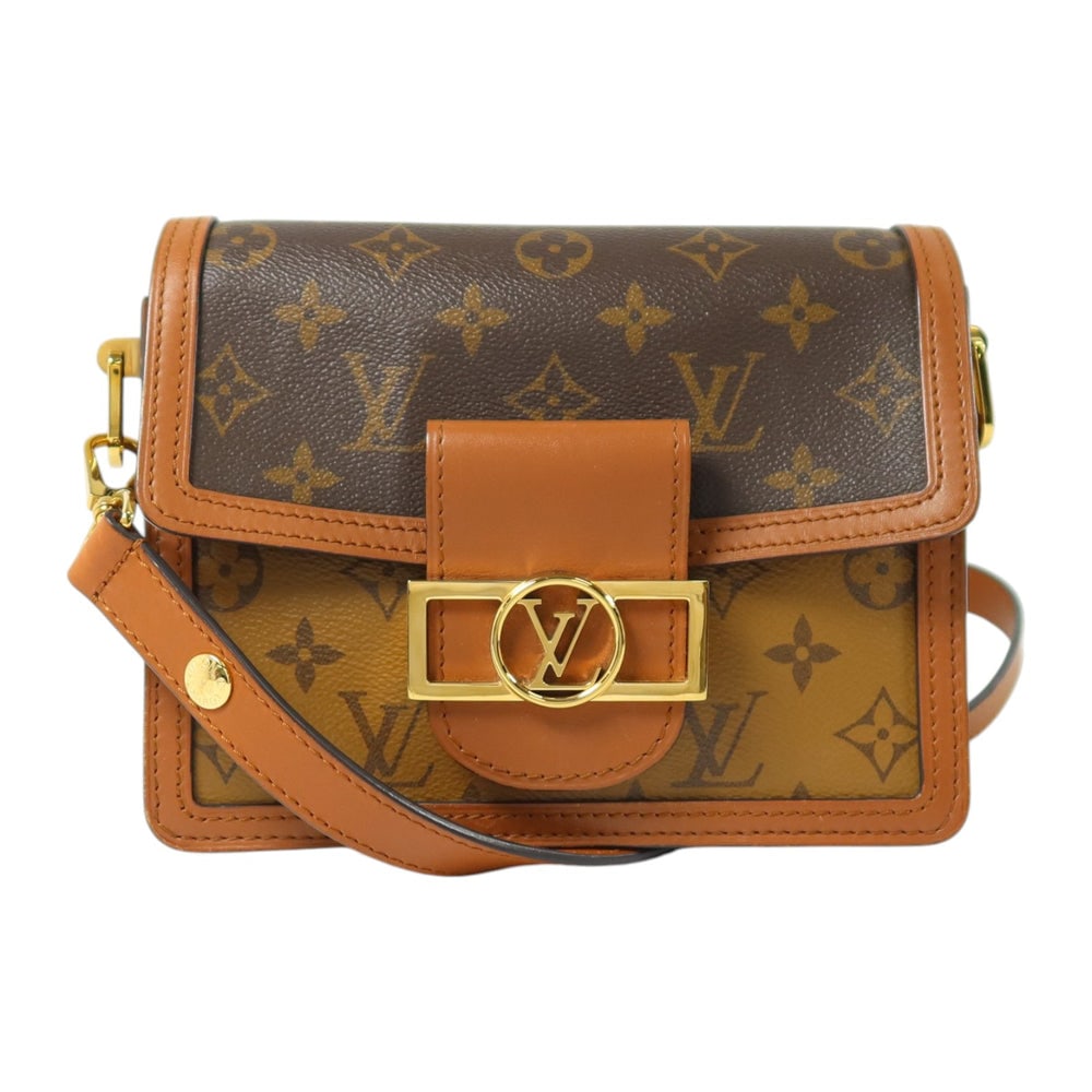Louis Vuitton Mini Dauphine: Brown monogram reverse shoulder bag.