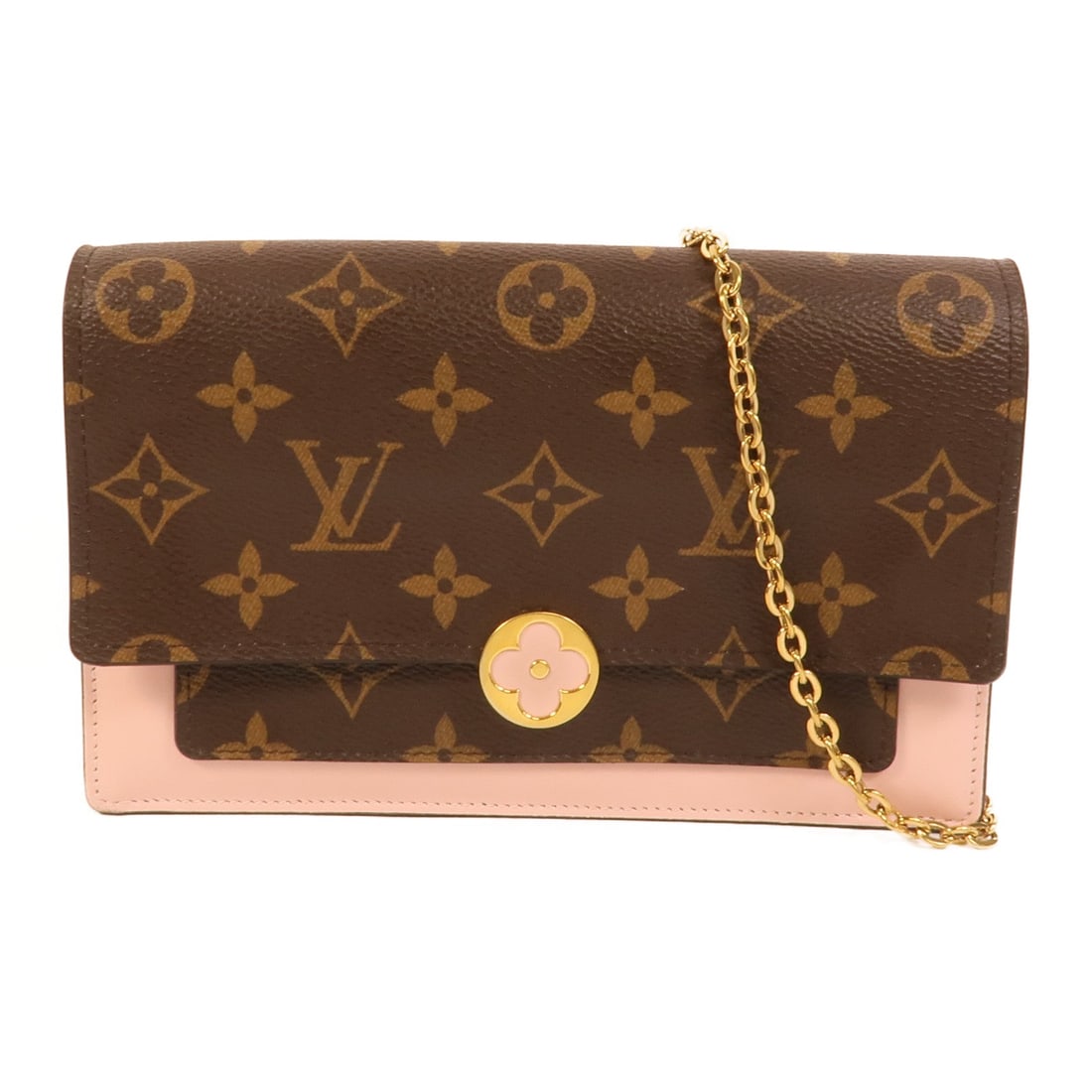 LV Flore Chain Wallet Brown Pink: Flore chain wallet shoulder bag in brown and pink Monogram canvas. Includes shoulder strap. Size 19 x 12.5 x 4.5 cm.