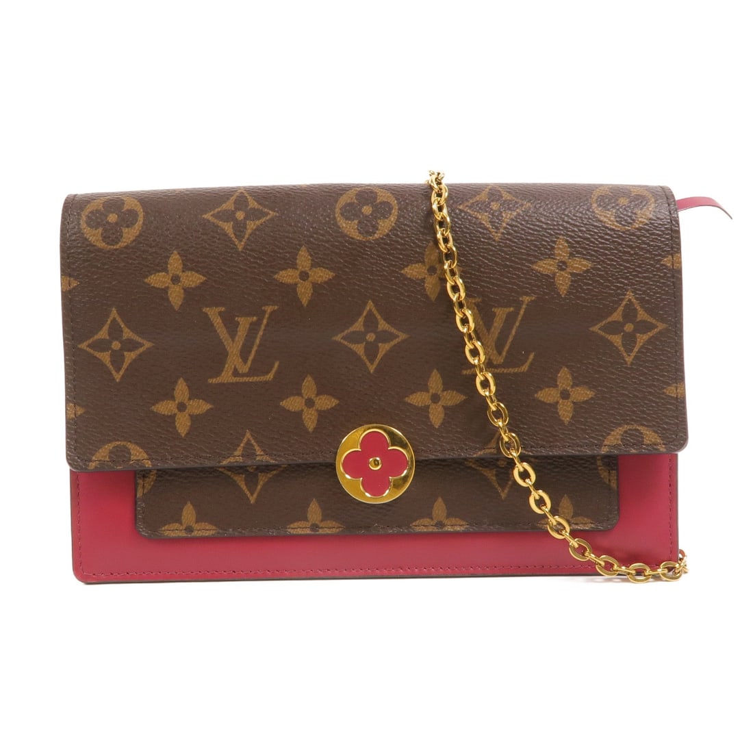 LV Portefeuille Flore Chain: Portefeuille Flore chain shoulder bag in brown and red Monogram canvas. Includes shoulder strap. Size 19 x 12.5 x 4 cm.