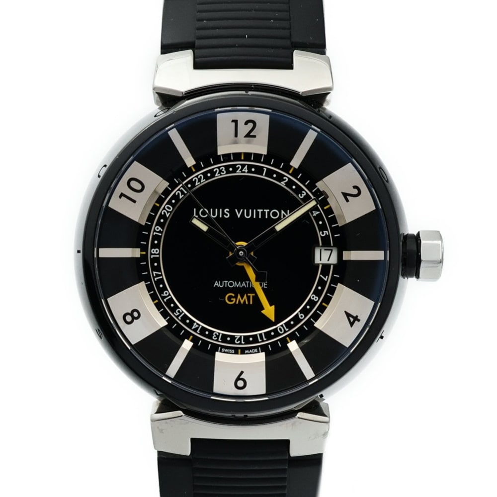 Louis Vuitton Tambour GMT Q113K Auto: Automatic Tambour GMT Q113K in stainless steel with rubber belt and black dial. Case 41mm, wrist 14-18cm, band 21mm.