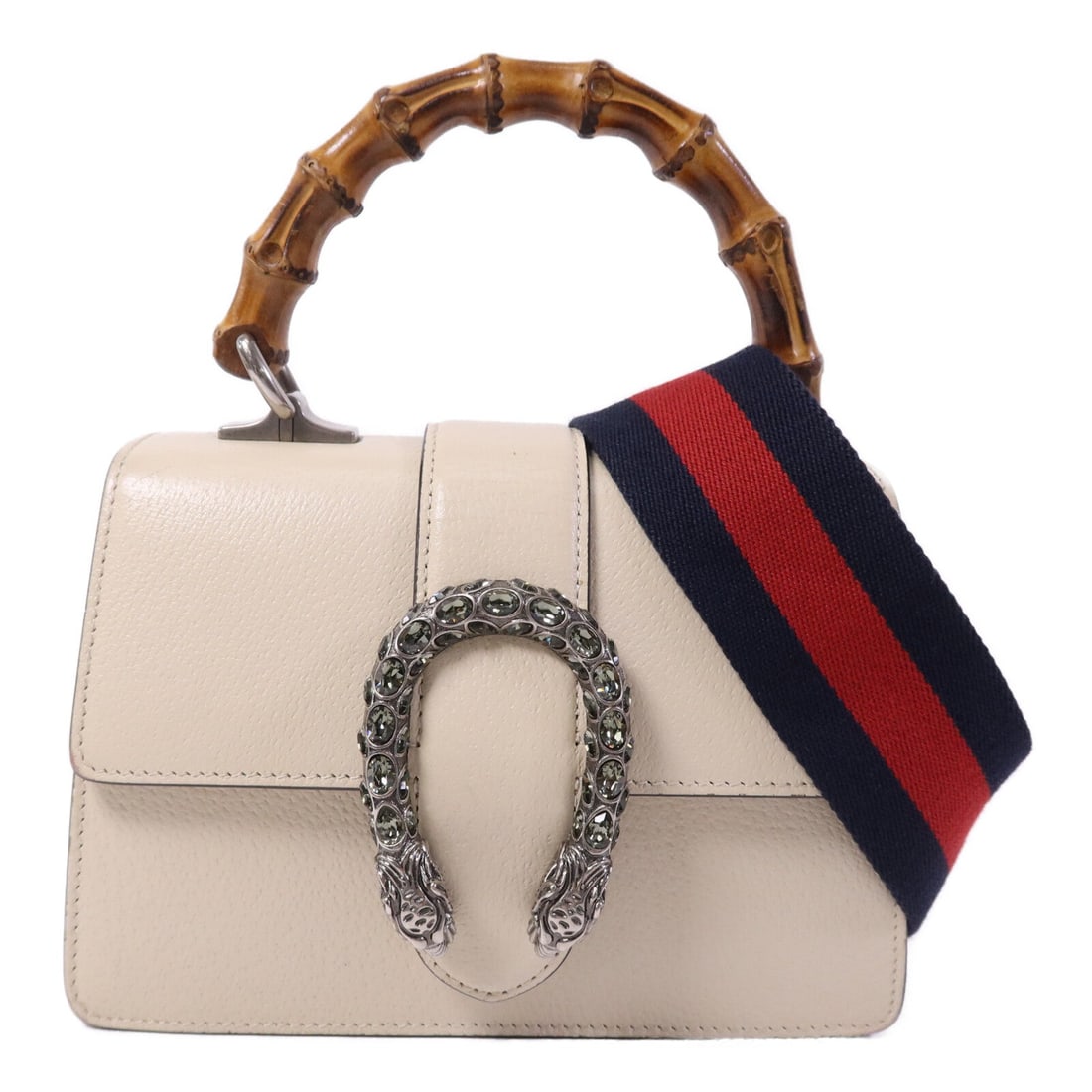 Gucci Dionysus Bamboo 2 Way White: Dionysus Bamboo 2 way shoulder bag in white calfskin with silver hardware. Includes shoulder strap. Size 21 x 14 x 9.5 cm.