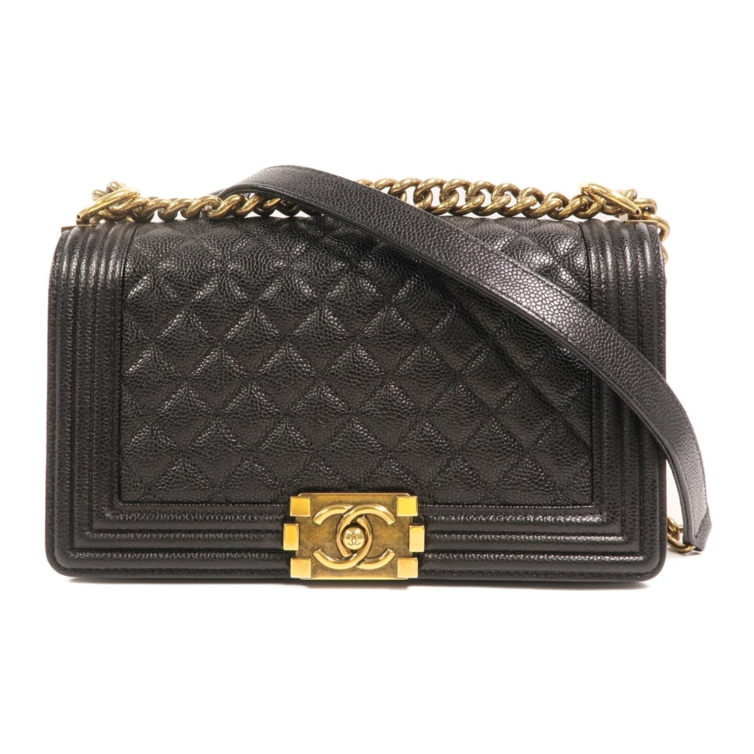 Chanel Boy 25 Black: Black calfskin Boy 25 chain shoulder bag with gold-tone hardware.