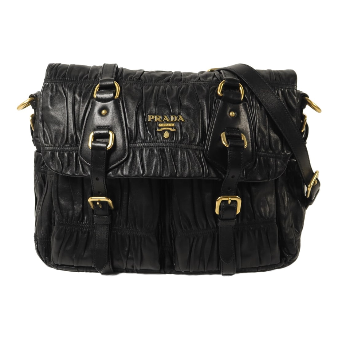 Prada Gaufre Messenger Black: Gaufre messenger shoulder bag BT0636 in black calfskin. Includes storage bags and guarantee. Size 32 x 24 x 14 cm.