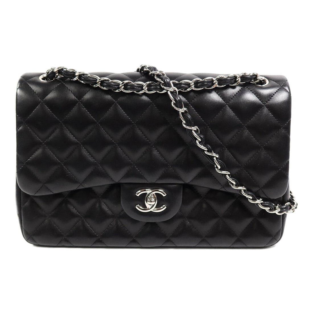 Chanel Large Classic Black: Black lambskin large classic chain shoulder bag with silver-tone hardware.