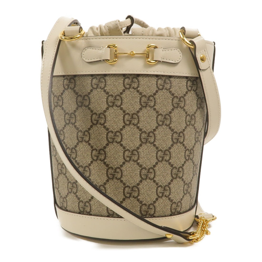 Gucci Horsebit 1955 Bucket White: Horsebit 1955 Small Bucket shoulder bag 637115 in white coated canvas. Size 14 x 18 x 14 cm.