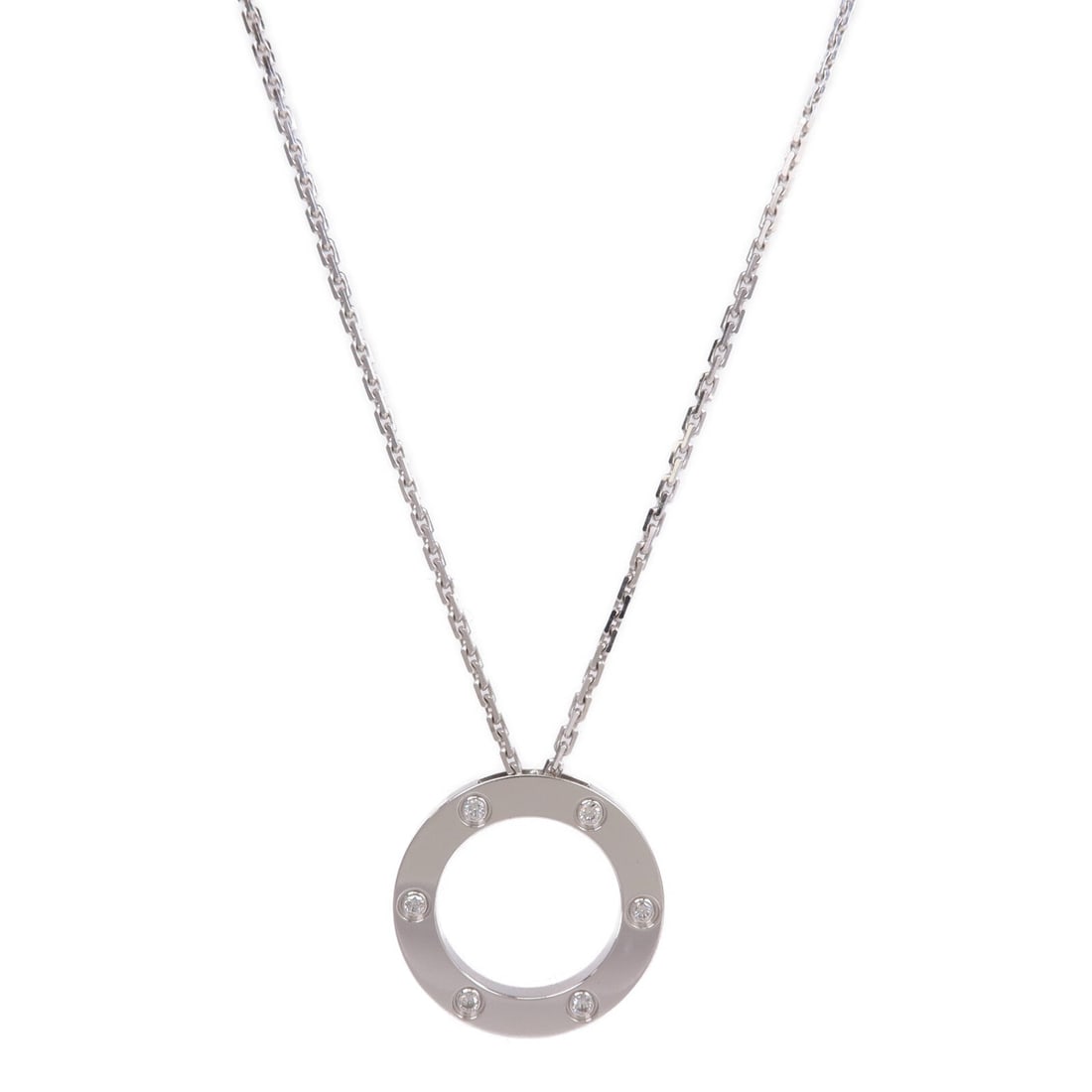Cartier Love 6 Diamonds Necklace: Love necklace in 18K white gold with 6 diamonds.