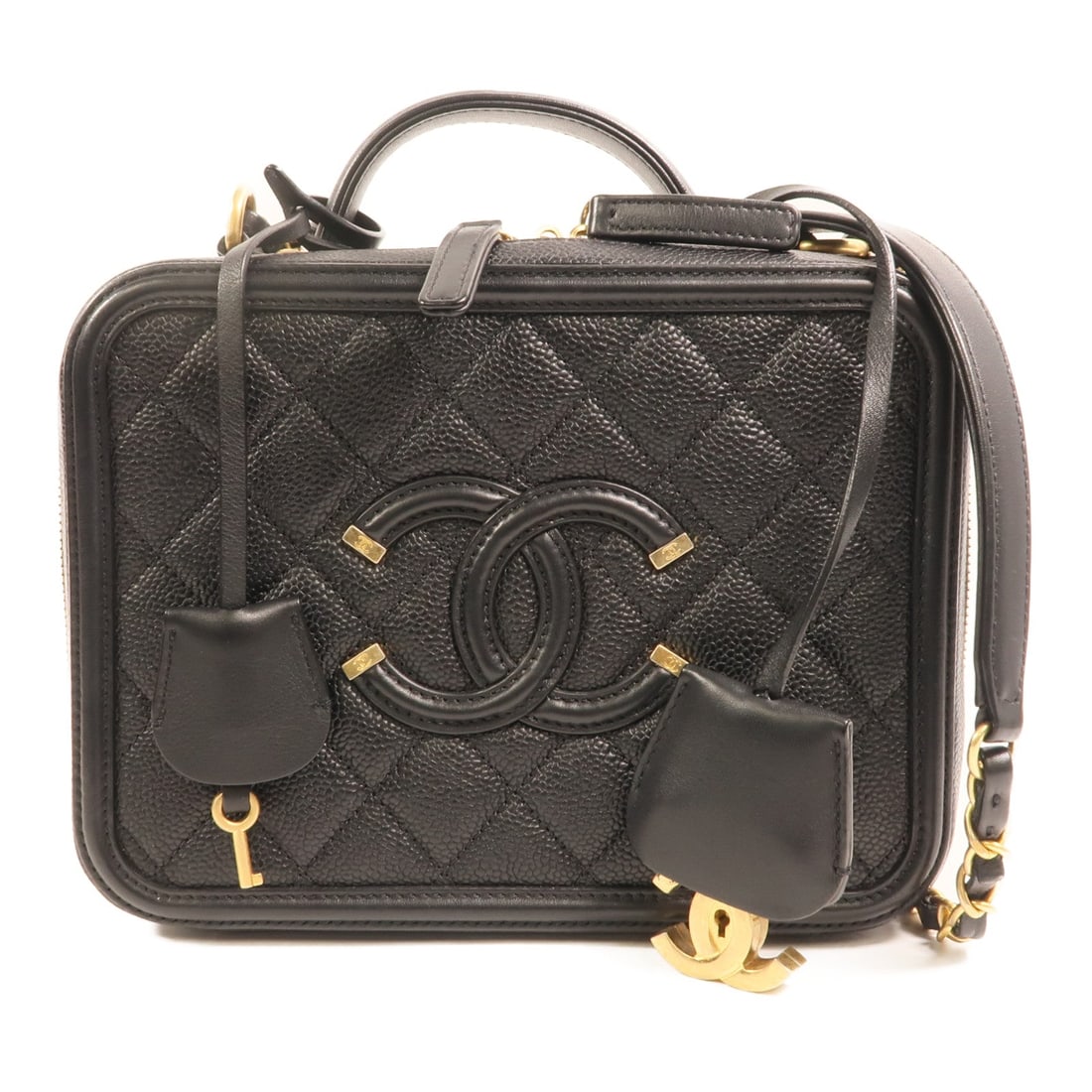 Chanel Vanity Case A93343 Black: Black calfskin vanity case with top handle chain strap and gold-tone hardware.