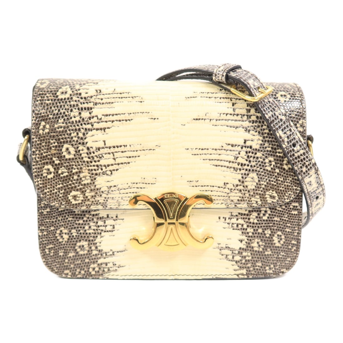 Celine Teen Triomphe Lizard Beige Grey: Beige and grey Teen Triomphe shoulder bag in lizard.