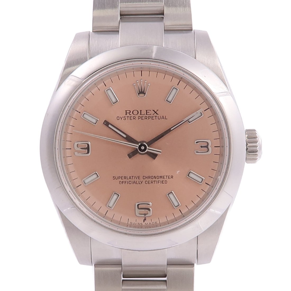 Rolex Oyster Perpetual 177200 Auto Pink: Automatic Oyster Perpetual 177200 in stainless steel with pink dial. Case 31mm, max wrist 15cm, band 13mm. Includes storage box and guarantee.