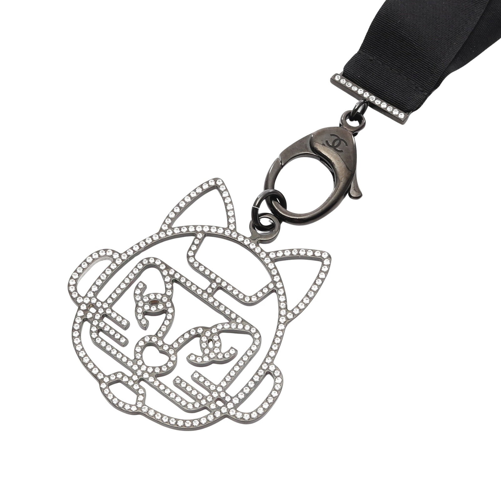 Chanel Cat Robot Necklace Black: Coco Mark Cat robot necklace in black with clear rhinestones.