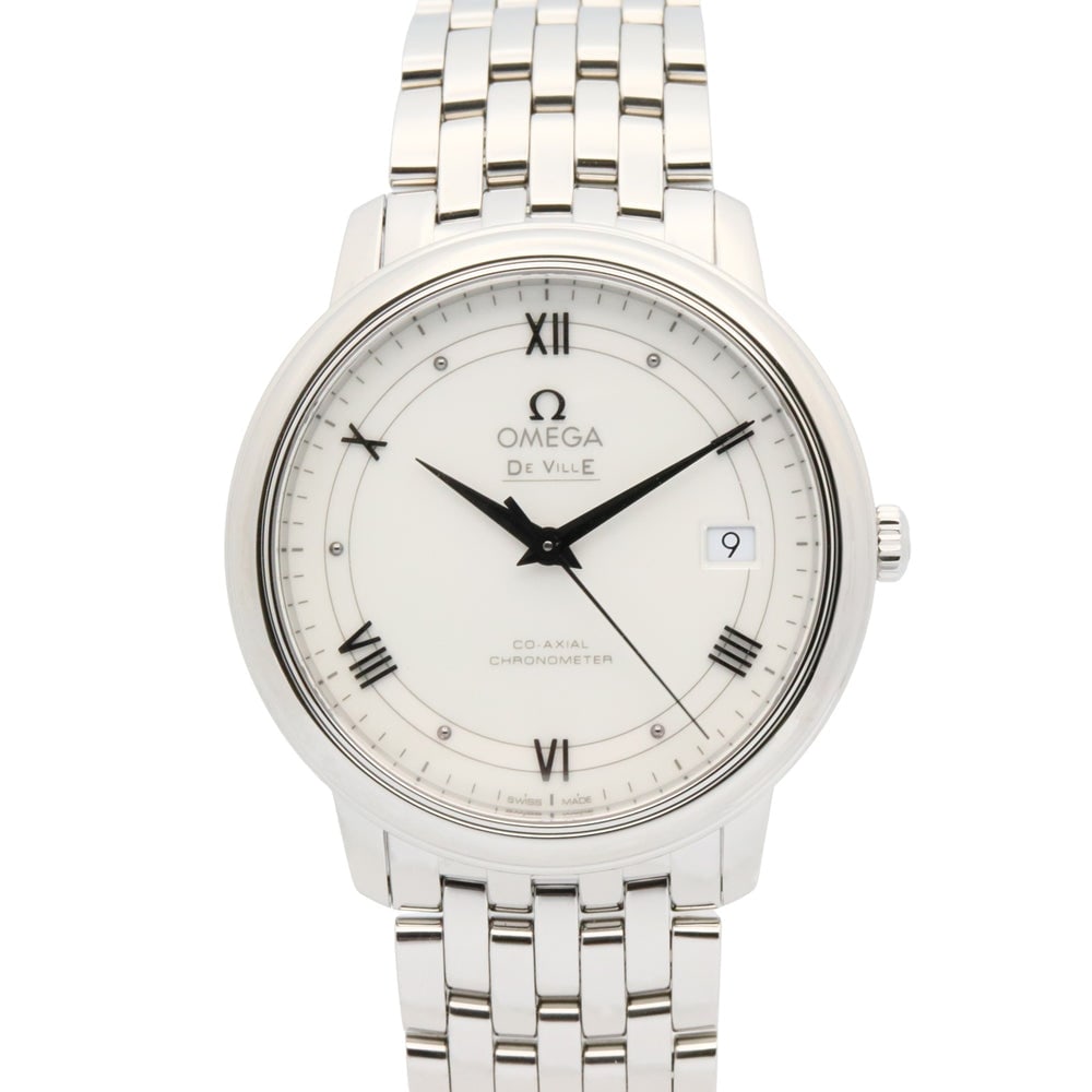 Omega De Ville Prestige Auto White: Automatic De Ville Prestige Co-Axial in stainless steel with white dial. Case 36.8mm, max wrist 17.5cm. Includes storage box and guarantee.