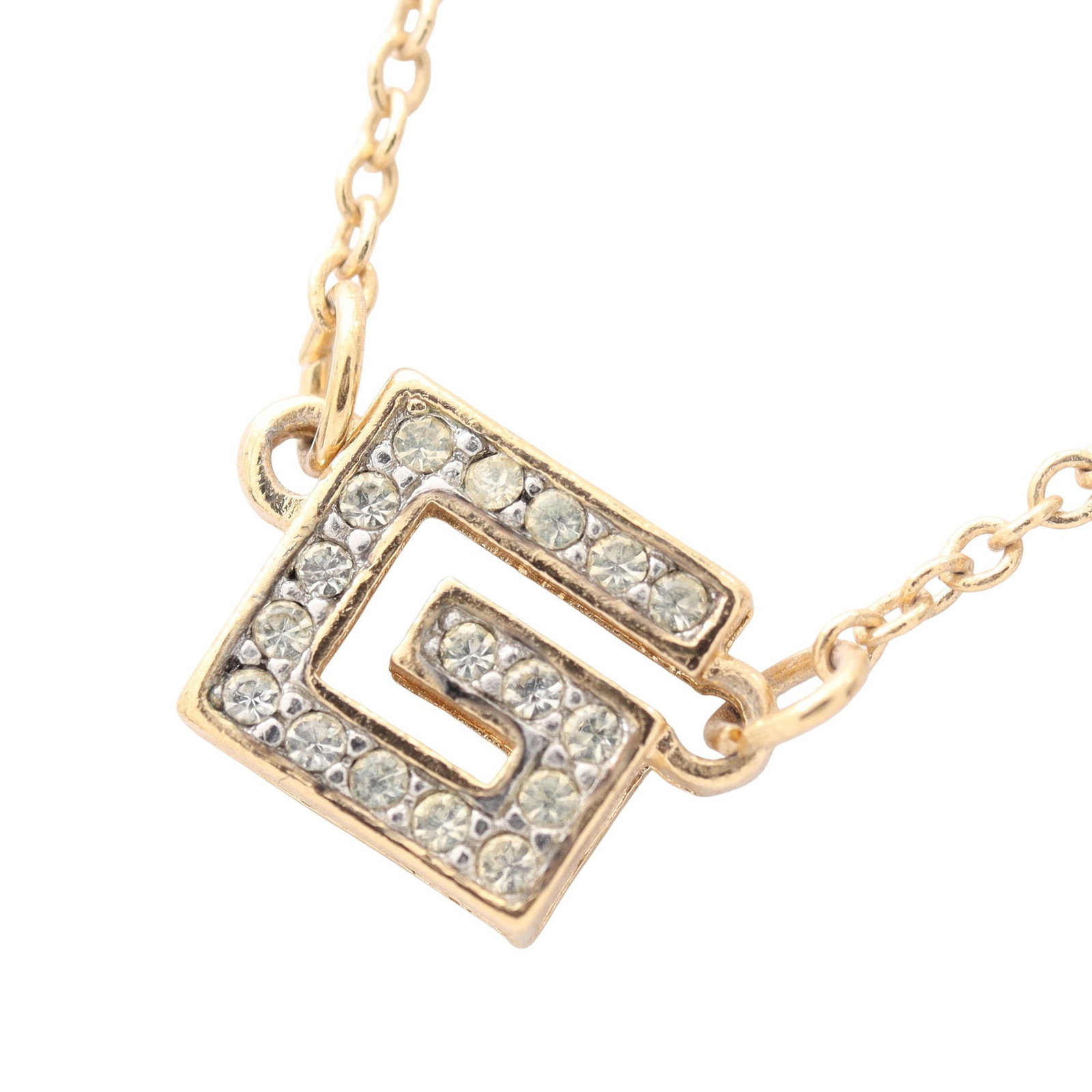 Givenchy Square G Logo Necklace: Square G logo necklace in gold tone with clear rhinestones.