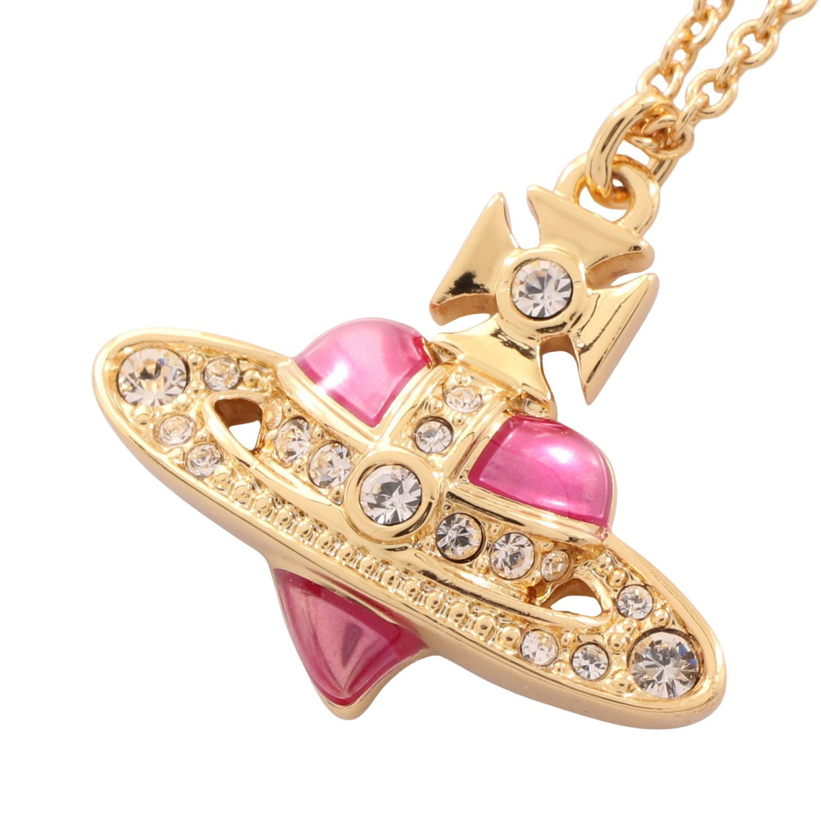 Vivienne Diamante Heart Gold: DIAMANTE HEART necklace in gold plated finish with pink and clear rhinestones.