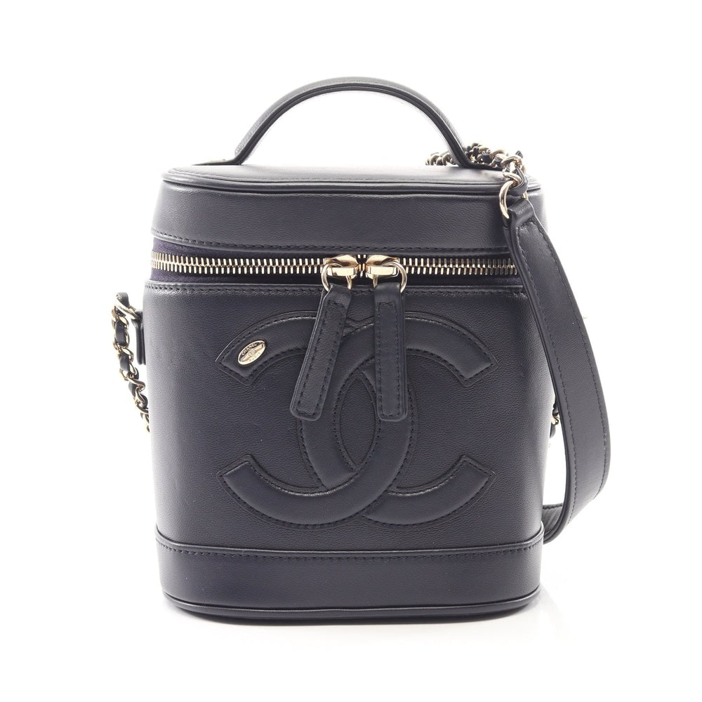 Chanel Vanity Bag 2 Way: Navy lambskin vanity bag with chain strap.