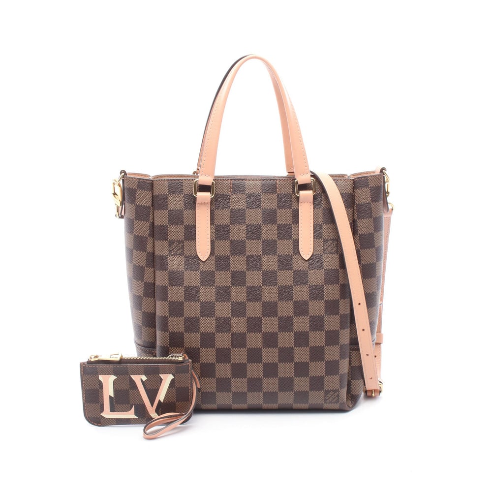 LV Belmont NV BB Damier Ebene: Belmont NV BB tote in brown and pink beige PVC and leather. Size 28 x 26 x 11 cm. Strap 83-107 cm.
