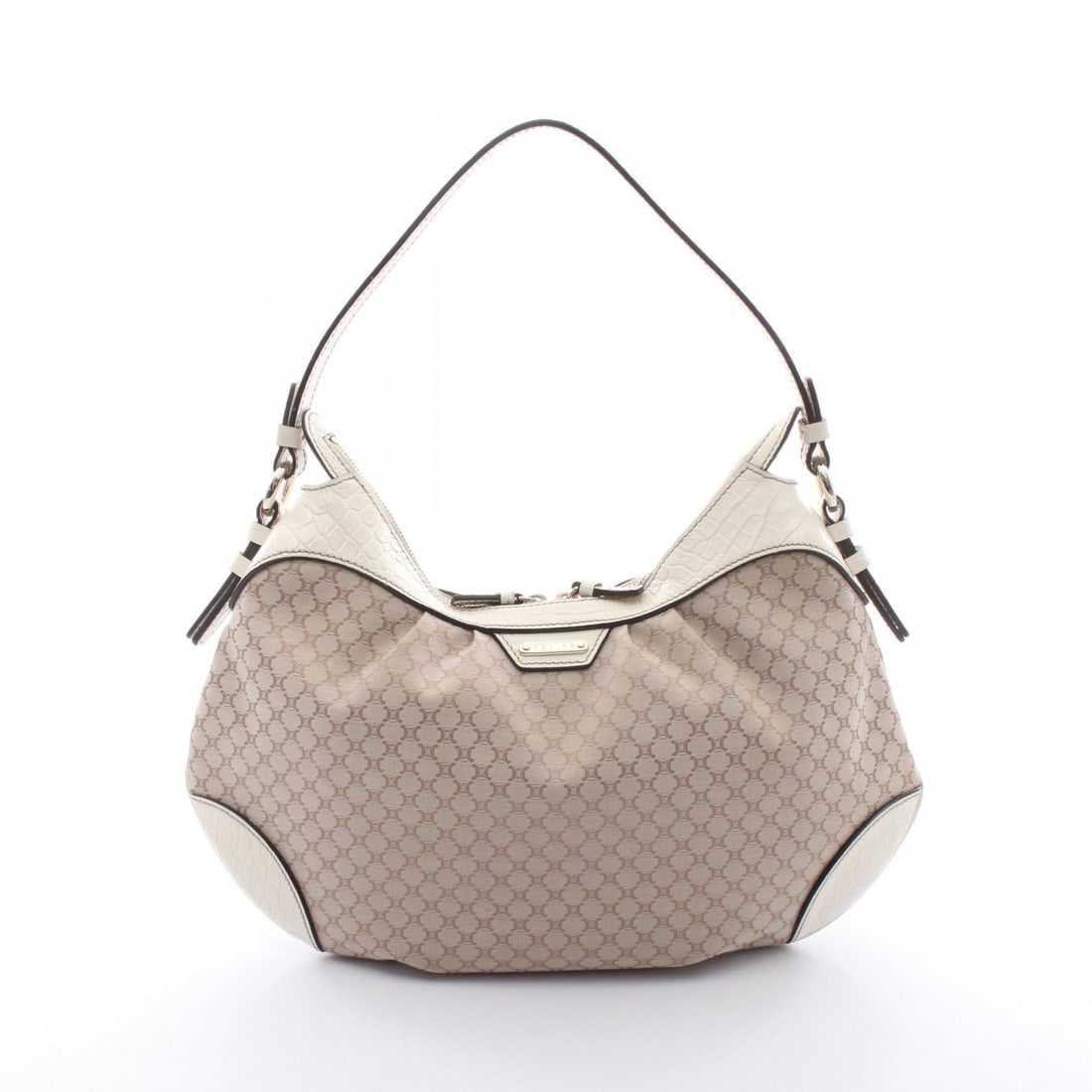 Celine Macadam Croc Shoulder Beige: Macadam croc embossed shoulder bag in beige and white canvas and leather. Size 40 x 23 x 3 cm.