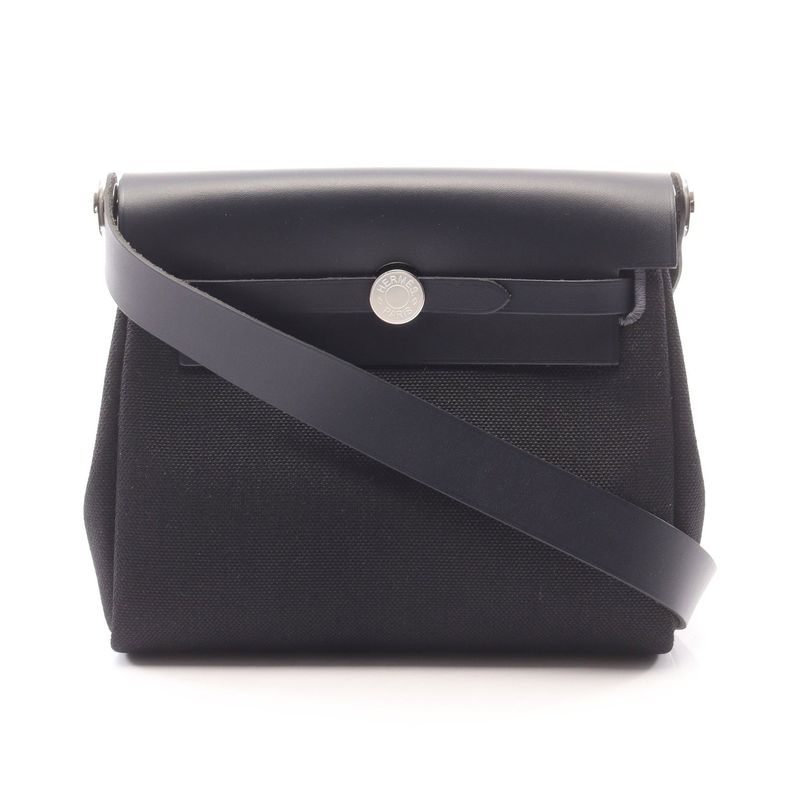 Hermes Herbag Zip Mini Bleu Nuit: Black and dark navy Toile Military and Vache Hunter shoulder bag with silver-tone hardware.