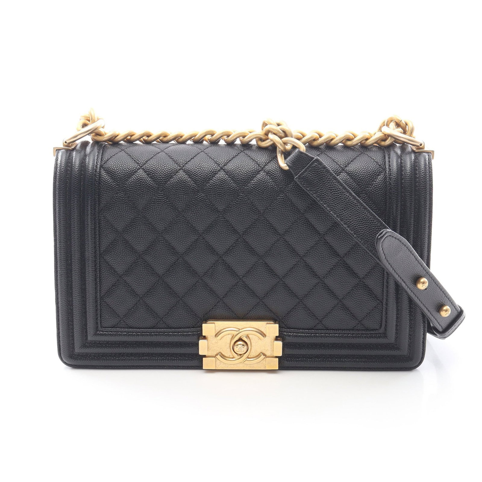 Chanel Boy Chain Bag Black: Black caviar skin Boy Chanel chain shoulder bag with gold-tone hardware.