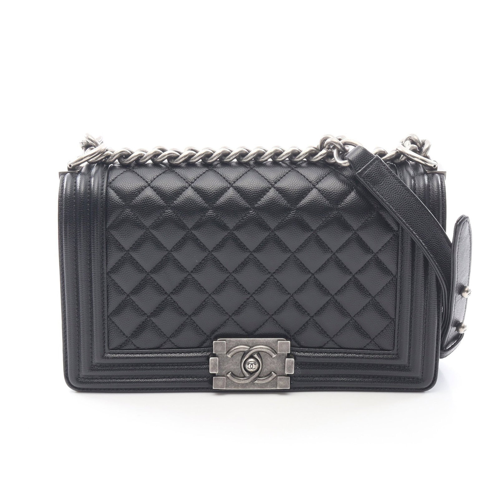 Chanel Boy Chain Bag Black: Black caviar skin Boy Chanel chain shoulder bag with antique silver-tone hardware.