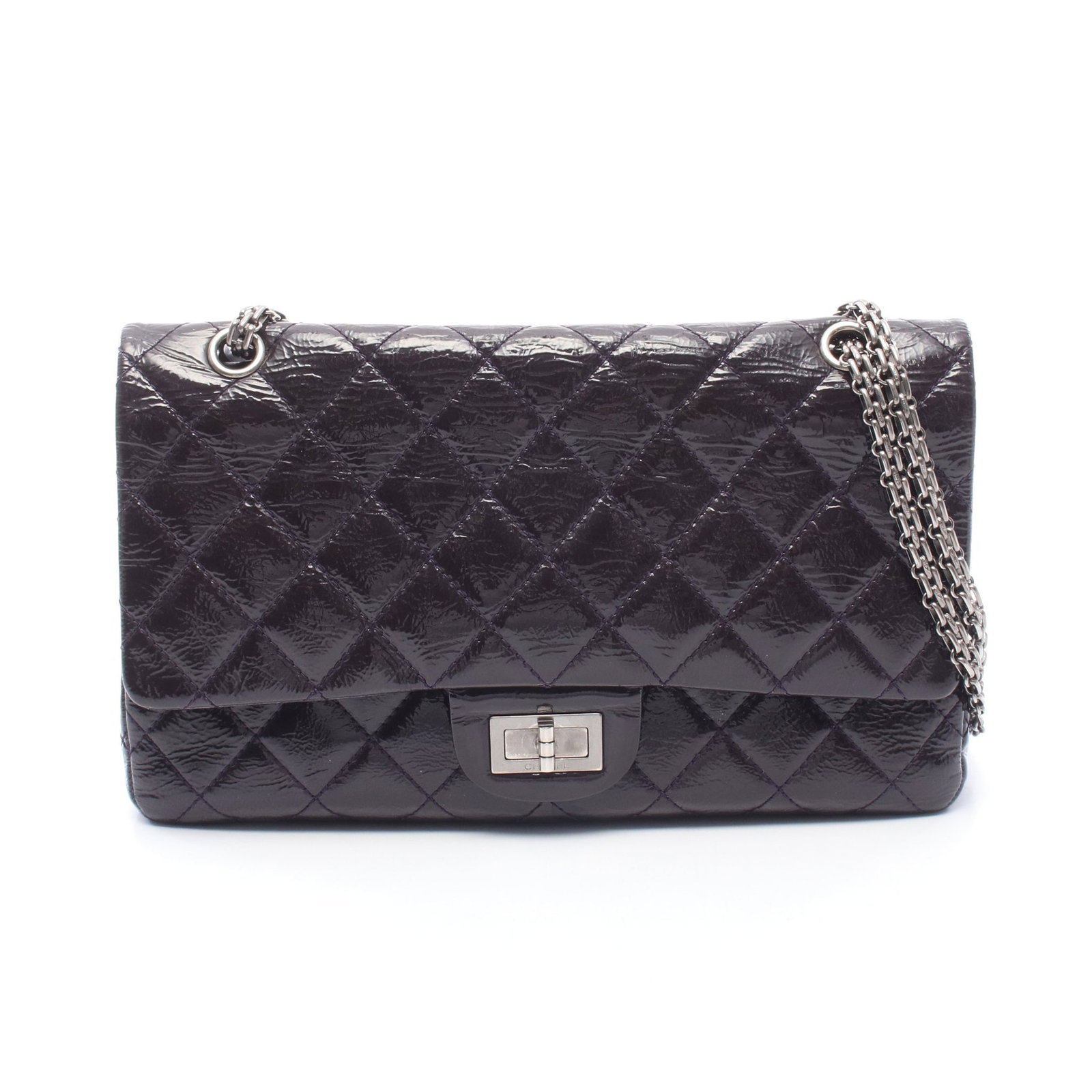 Chanel 2.55 Maxi Flap Bag: Purple patent leather chain shoulder bag.