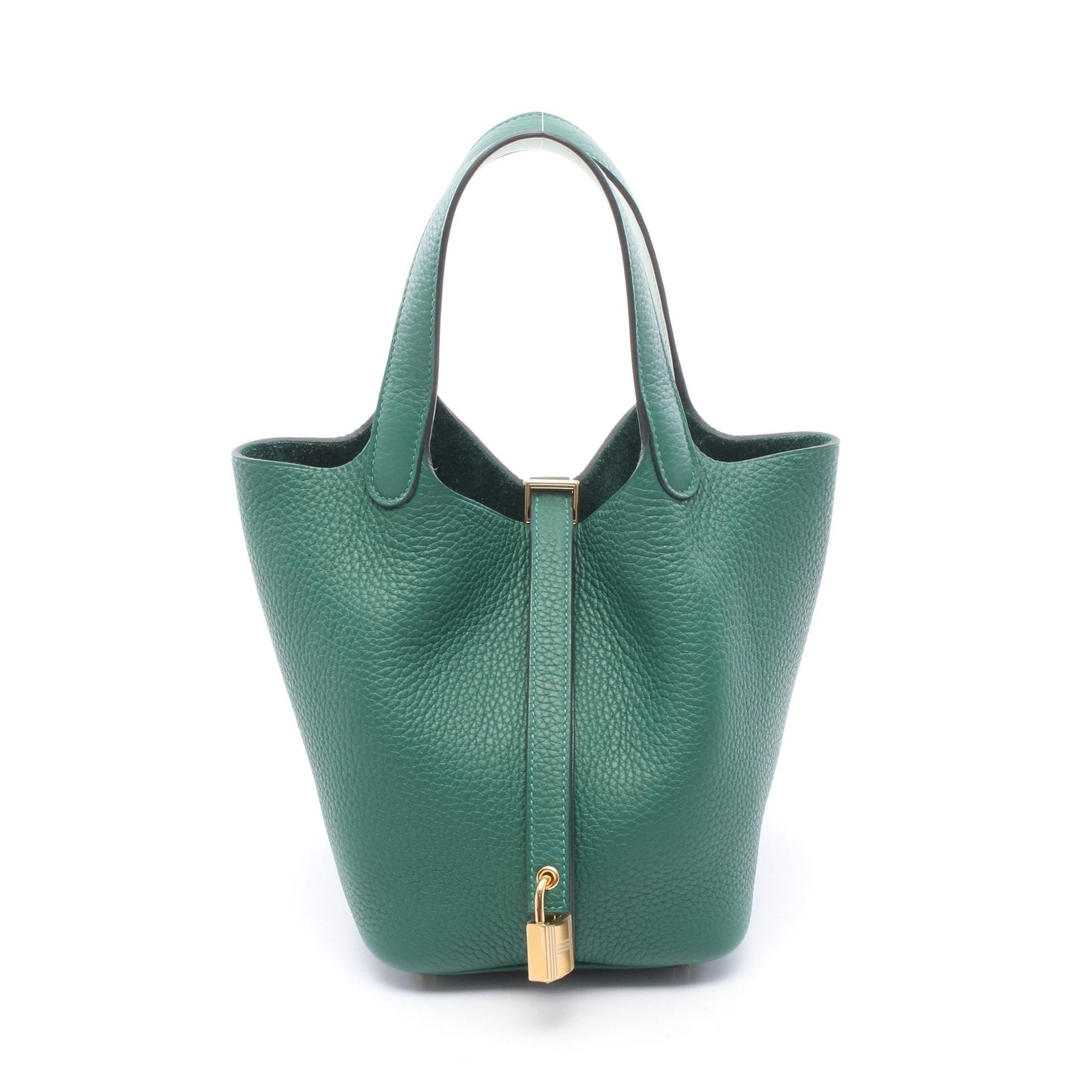 Hermes Picotan Lock PM Vert Moyan: Dark and light green Clemence and Swift leather handbag with gold-tone hardware.