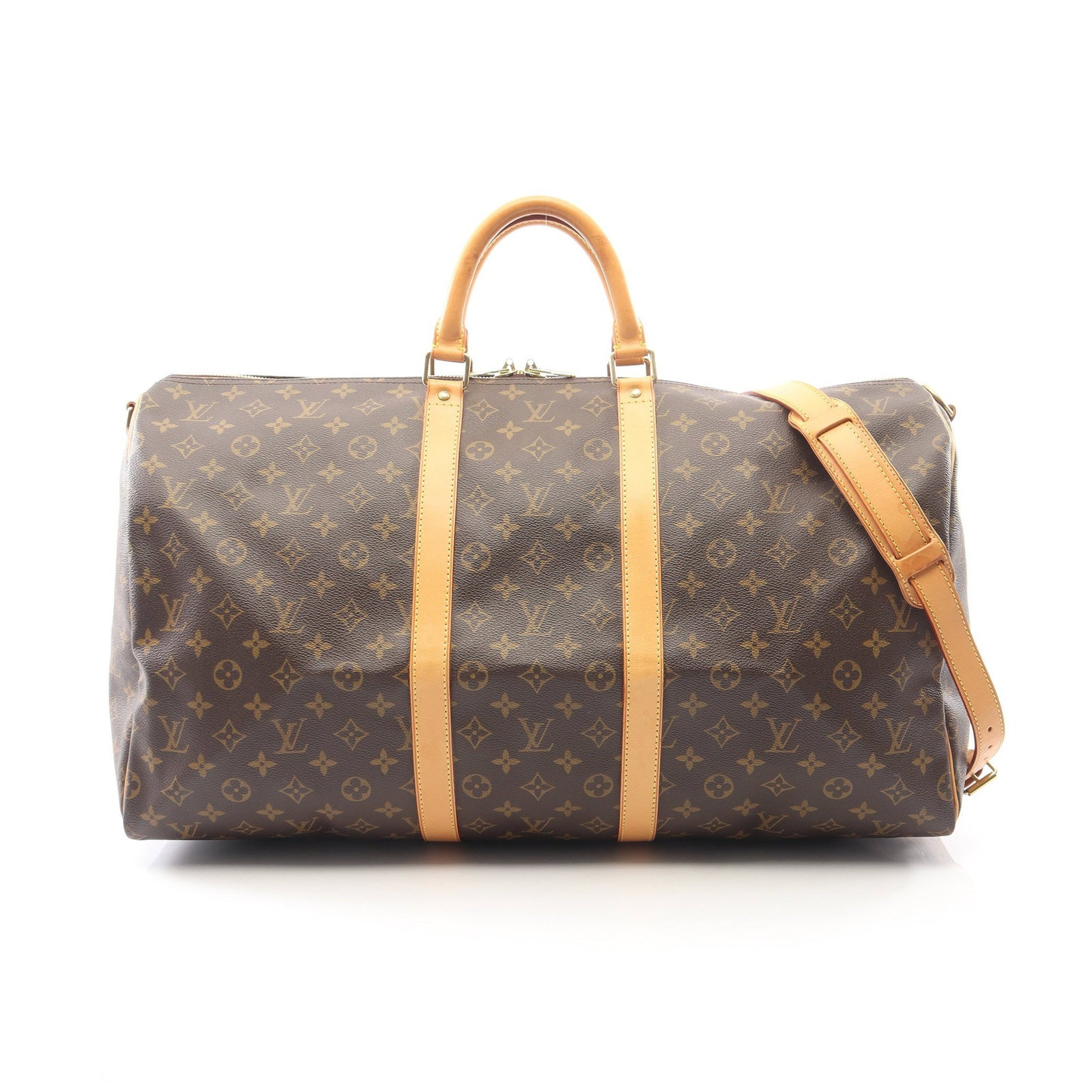 Louis Vuitton Keepall 55 Bandouliere: Keepall Bandouliere 55 in brown Monogram canvas. Includes shoulder strap, padlock, and key. Size 56 x 30 x 25 cm.