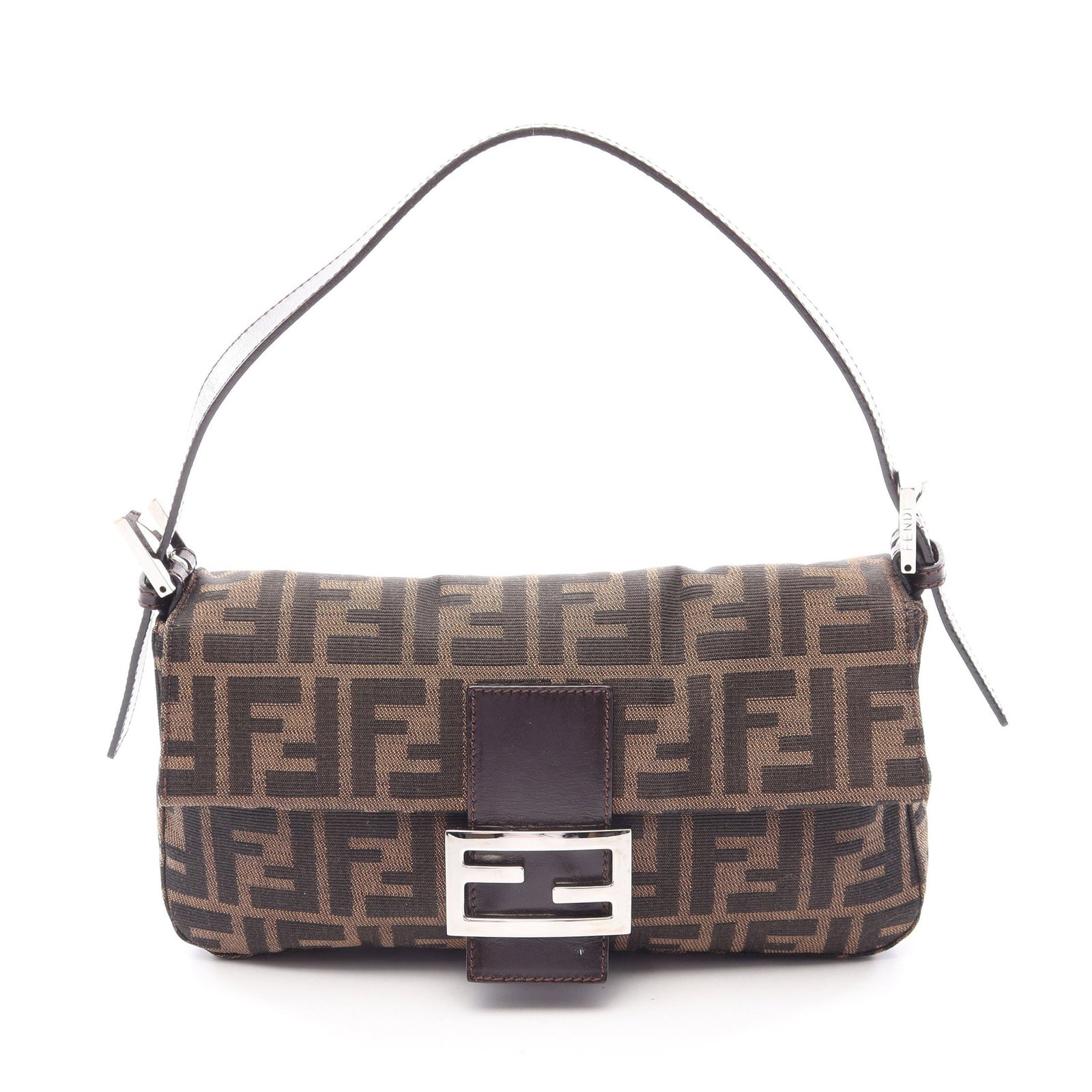 Fendi Mamma Baguette: Brown black canvas and leather handbag.