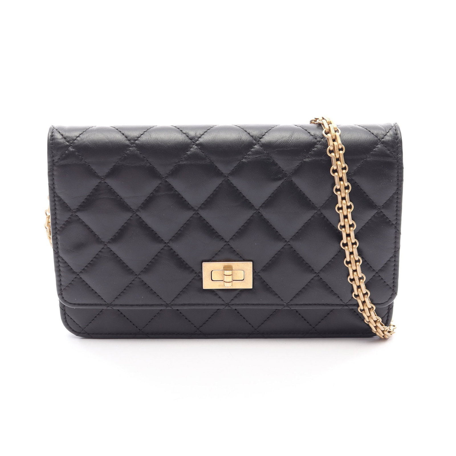 Chanel 2.55 Chain Wallet: Black aged calfskin chain wallet.