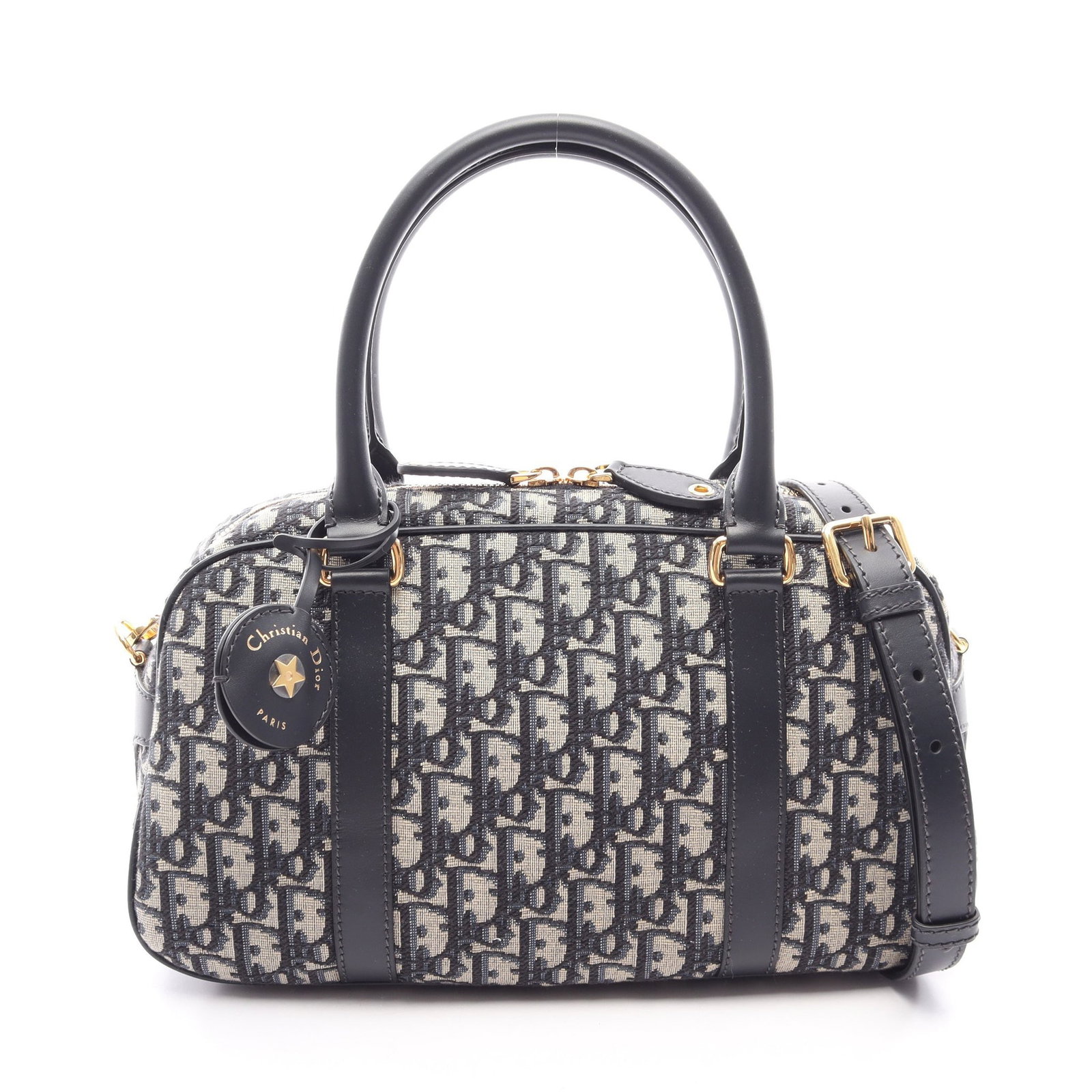Dior D Vibe Bowling Medium: Beige and navy canvas leather 2 way bag.