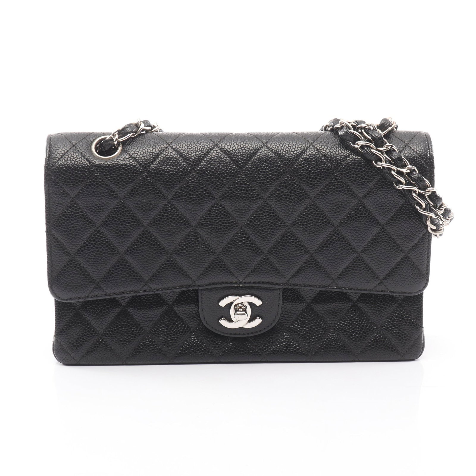Chanel Double Flap Black Caviar: Black caviar skin double flap double chain shoulder bag with silver-tone hardware.
