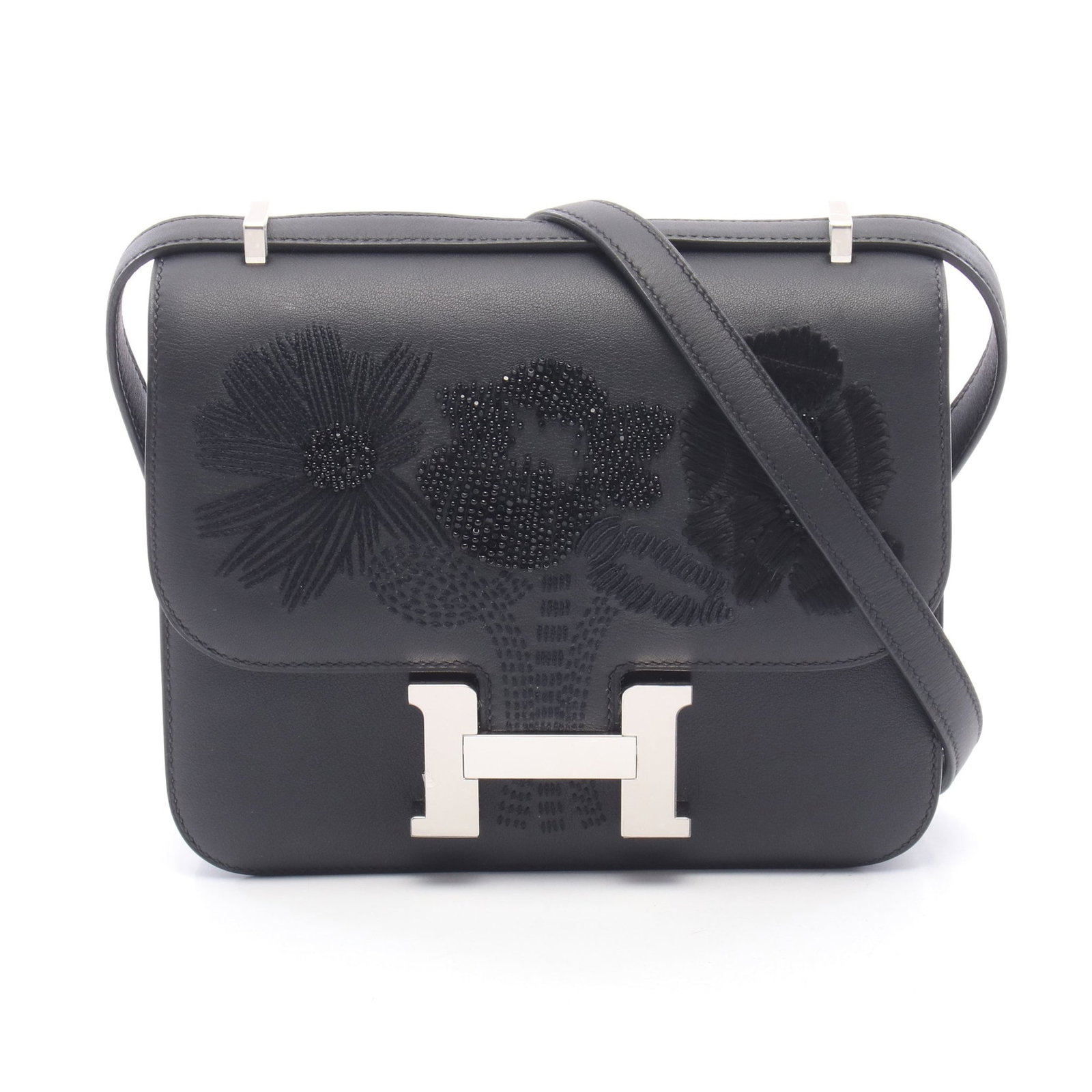 Hermes Constance Mini Dancing Flowers: Black Swift leather mini shoulder bag with silver-tone hardware.