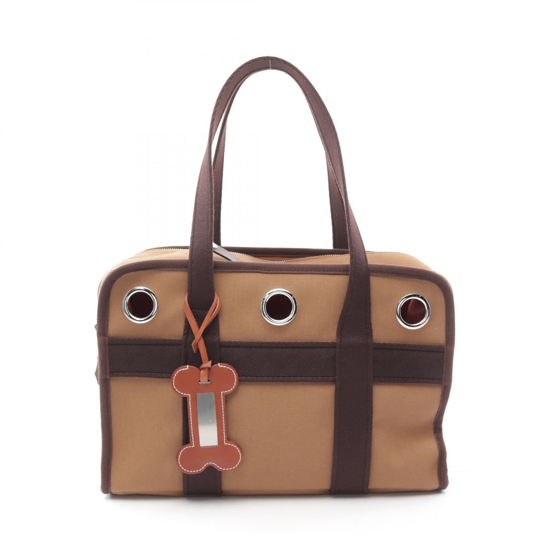 Hermes Dog Carrier Tote: Brown canvas shoulder tote bag.