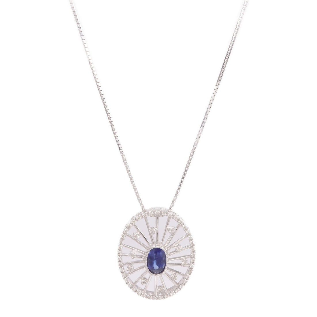 Sapphire Diamond Necklace White Gold: Sapphire and diamond necklace in 18K white gold.