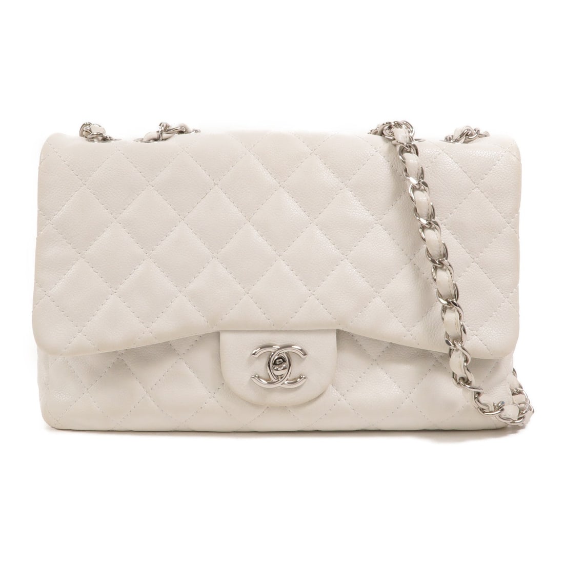 Chanel Large Classic Chain Bag: White calfskin chain shoulder bag.