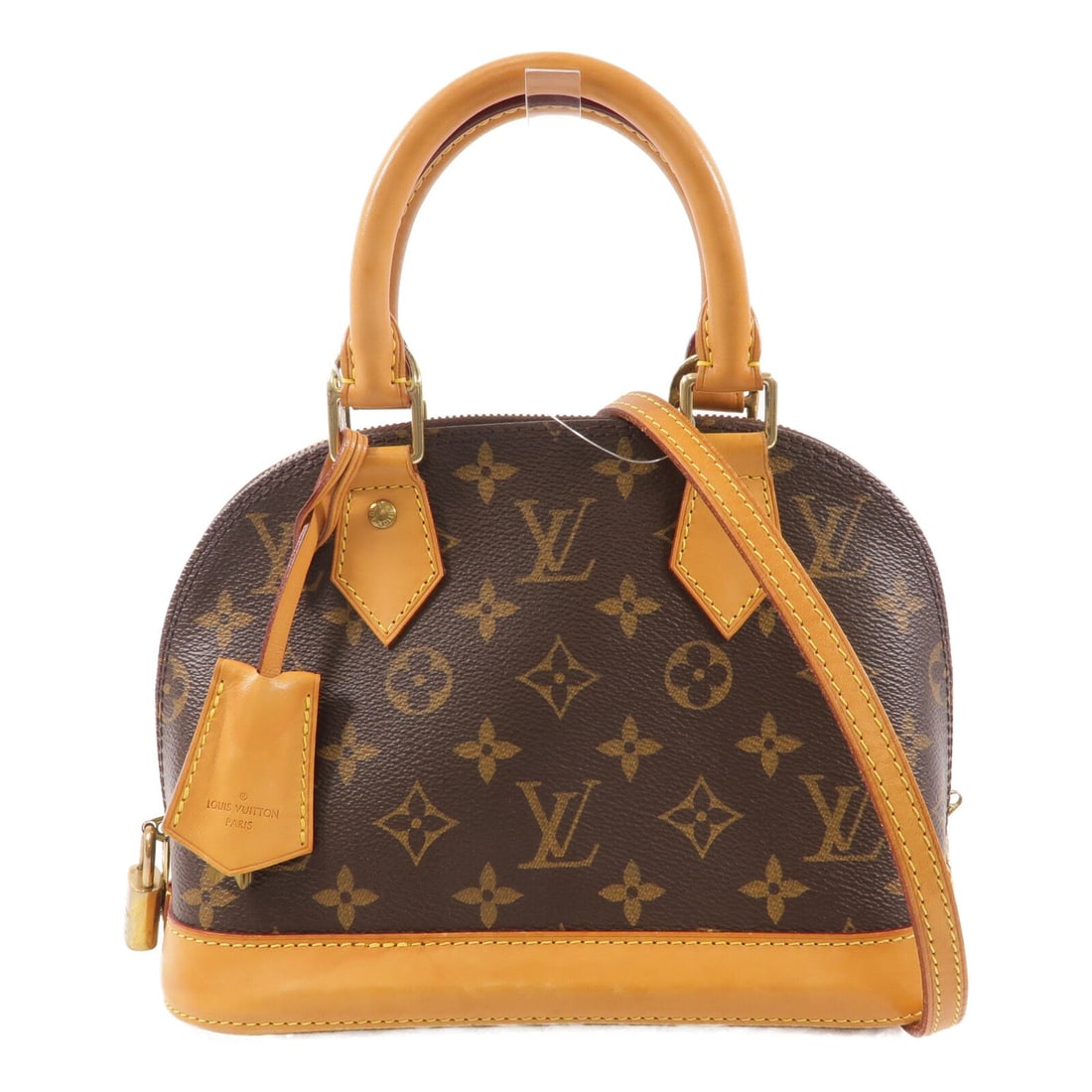 LV Alma BB Monogram Brown: Alma BB 2 way shoulder handbag in brown Monogram canvas. Includes shoulder strap, clochette, key, and padlock. Size 23.5 x 17.5 x 11.5 cm.