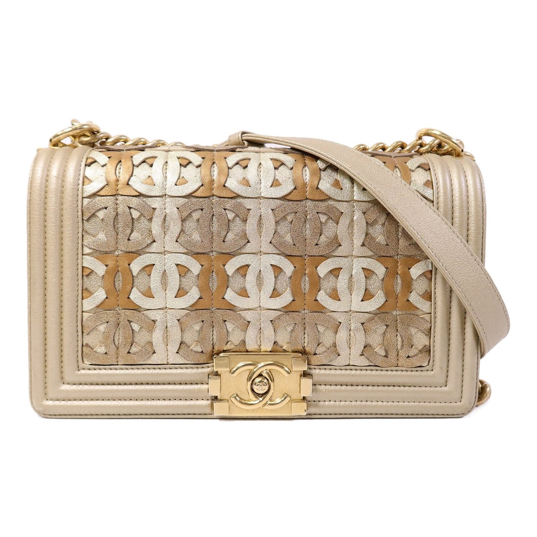 Chanel Boy 25 Chain Bag Gold: Metallic gold lambskin chain shoulder bag.