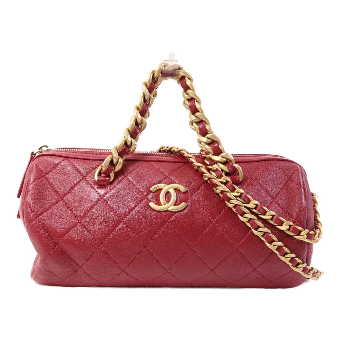 Chanel Bowling Bag Red: Red calfskin 2-way bowling bag with gold-tone hardware.