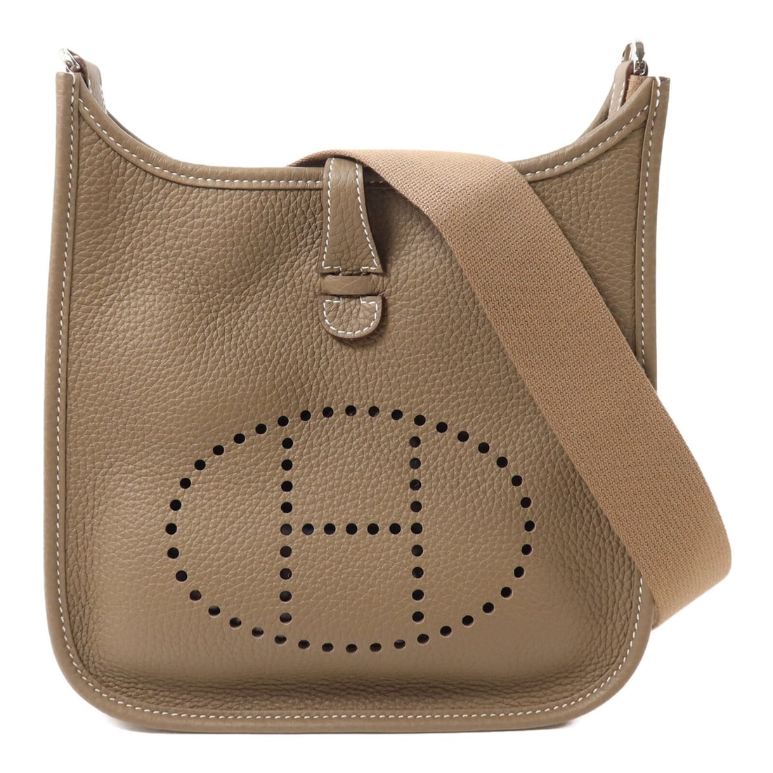 Hermes Evelyne 23 Etoupe: Etoupe Taurillon Clemence leather shoulder bag with palladium-tone hardware.