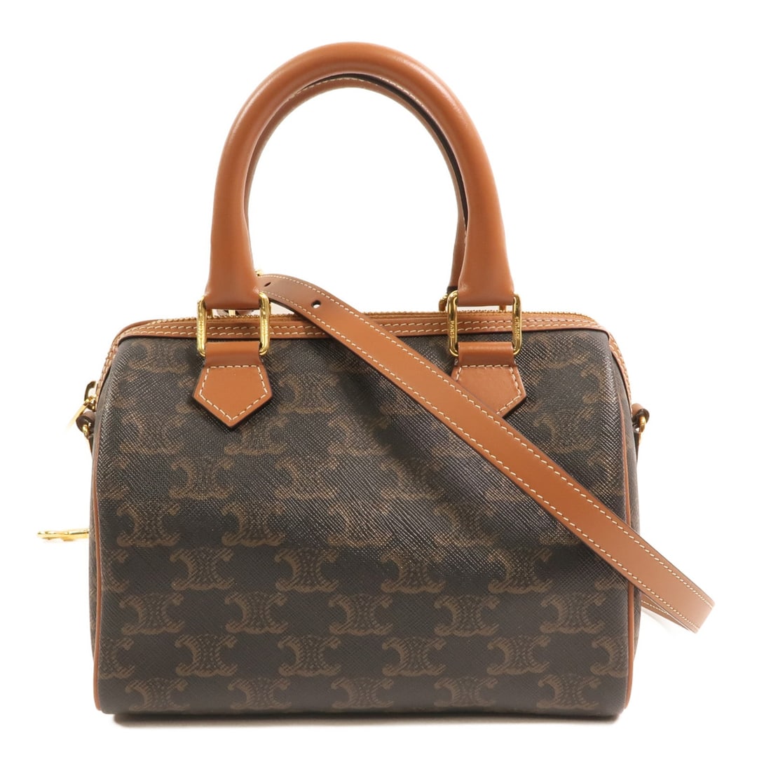Celine 2 Way Shoulder Brown: 2 way shoulder bag in brown coated canvas with gold hardware. Includes shoulder strap. Size 20 x 14 x 11 cm.