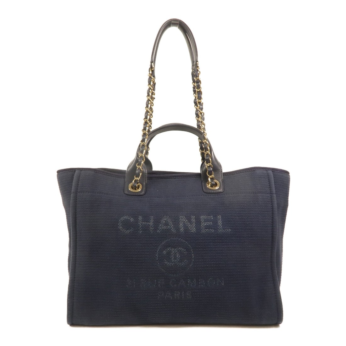 Chanel Deauville Tote Blue: Blue canvas Deauville tote with 2-way carry and gold-tone hardware.