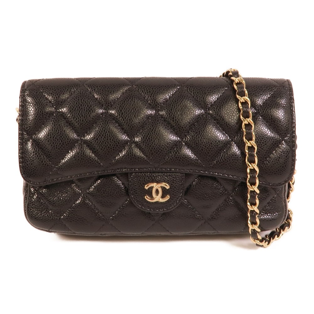 Chanel Flap Phone Holder Black: Black calfskin flap phone holder shoulder bag with gold-tone hardware.