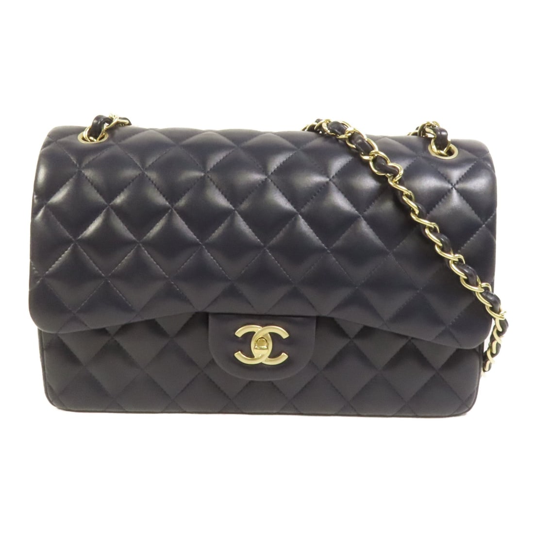 Chanel Large Classic Navy: Navy lambskin large classic chain shoulder bag with gold-tone hardware.