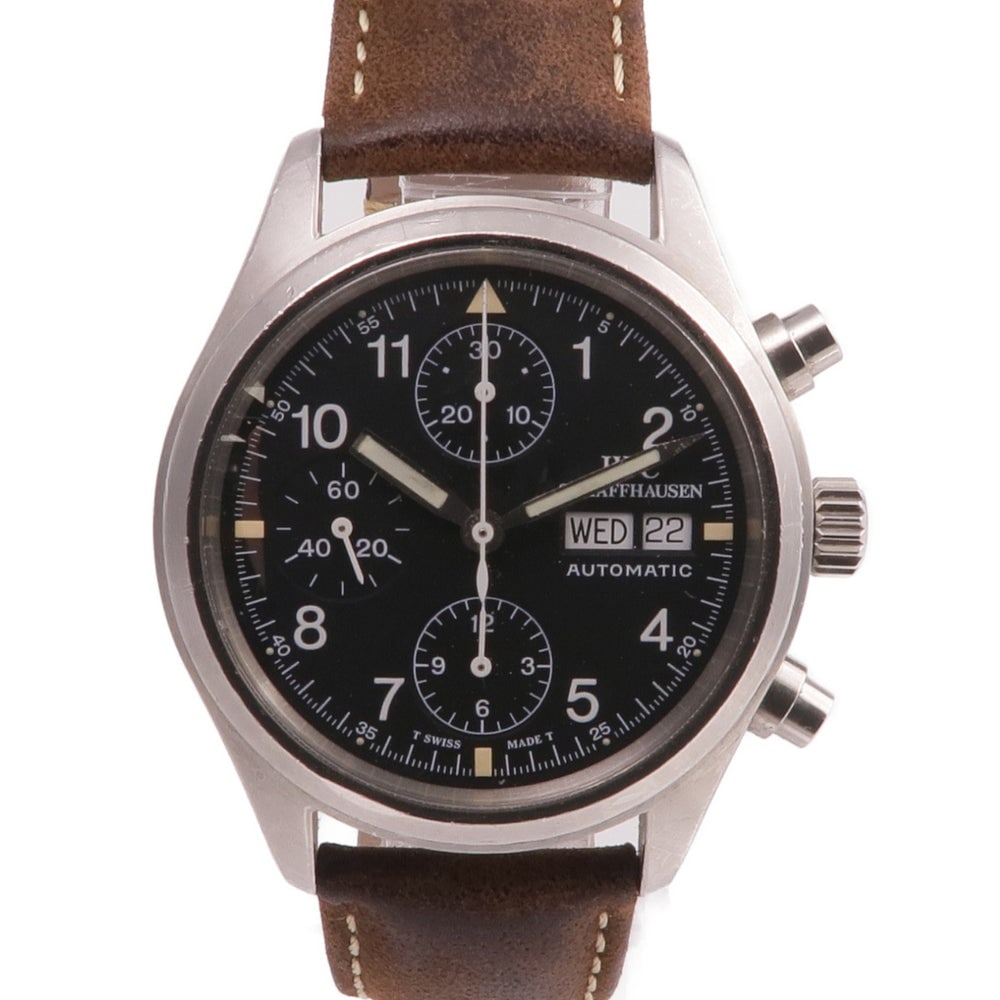 IWC Pilot Chronograph IW370603 Auto: Automatic Pilot's Watch Chronograph IW370603 in stainless steel with leather belt and black dial. Case 39mm, wrist 14-18cm, band 15-20mm.