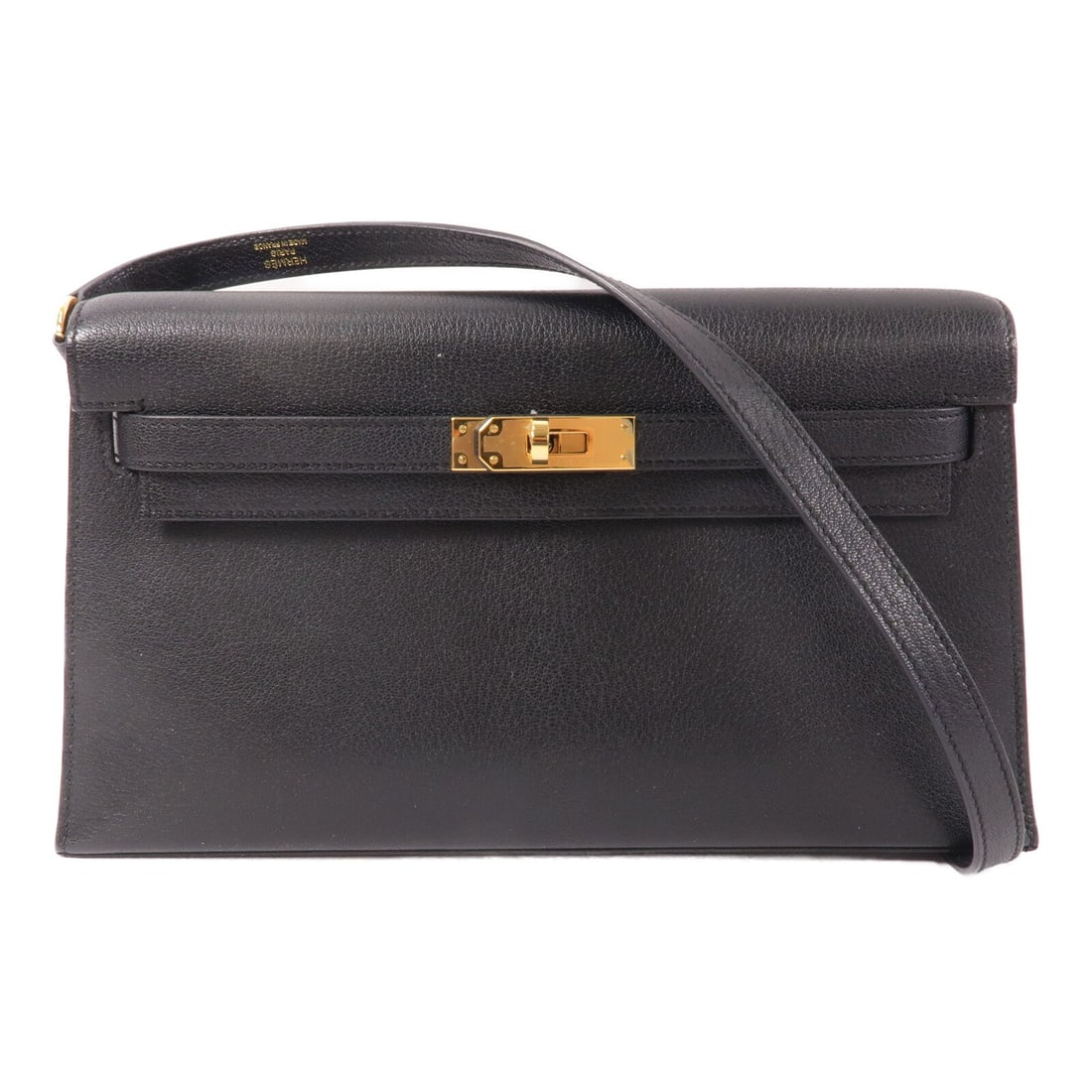 Hermes Kelly Elan Noir: Noir chevre leather shoulder bag with gold-tone hardware.