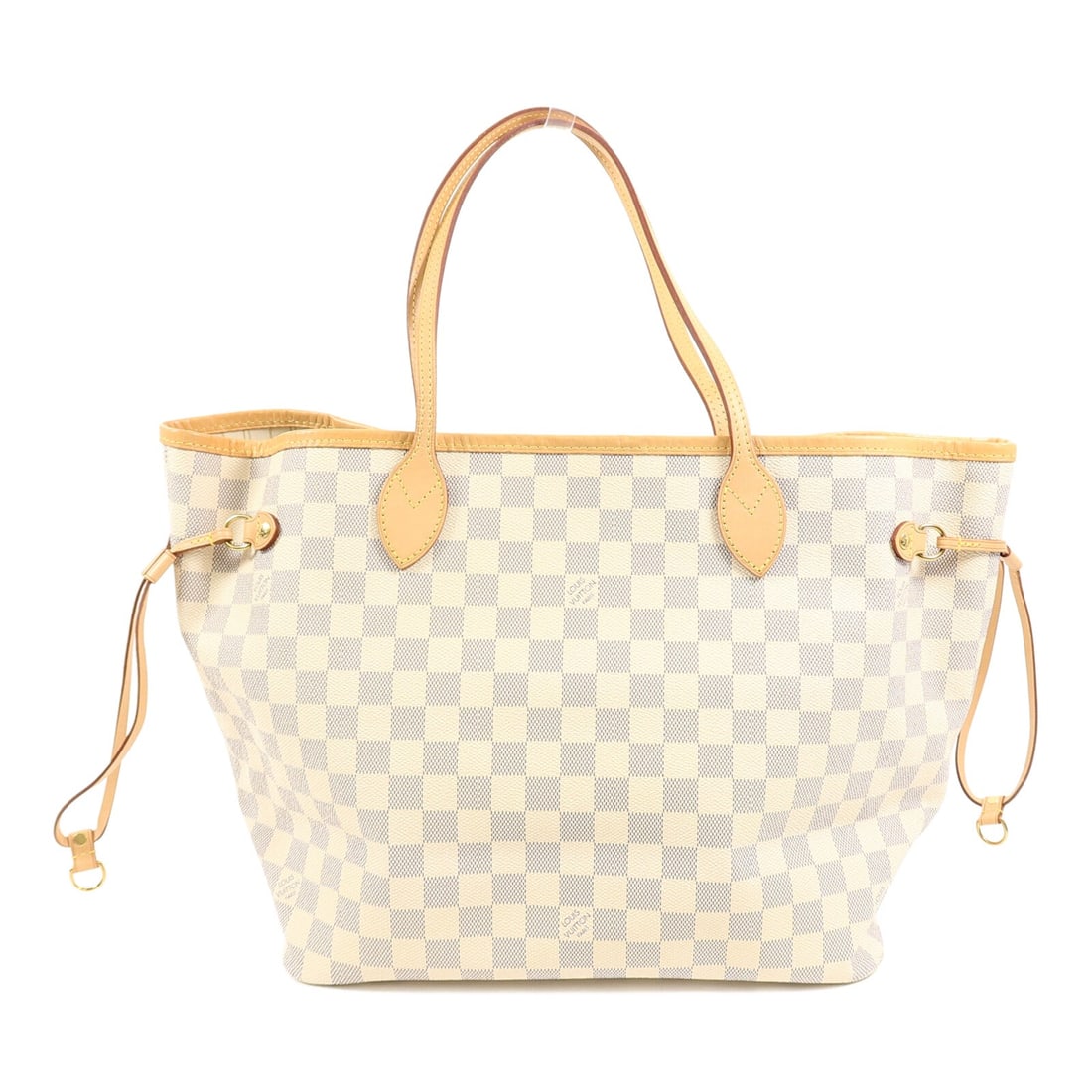 Louis Vuitton Neverfull MM: White Damier Azur coated canvas tote bag.