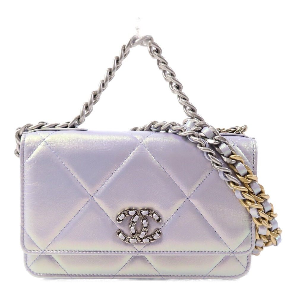 Chanel C19 WOC Purple: Purple lambskin Chanel 19 wallet on chain with silver-tone hardware.